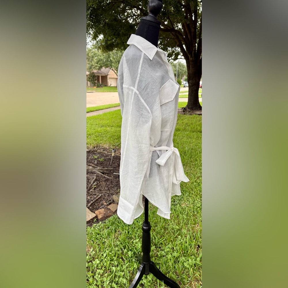 English Factory White Sheer Button-Up Shirt with Belt : 1X - Picture 6 of 8